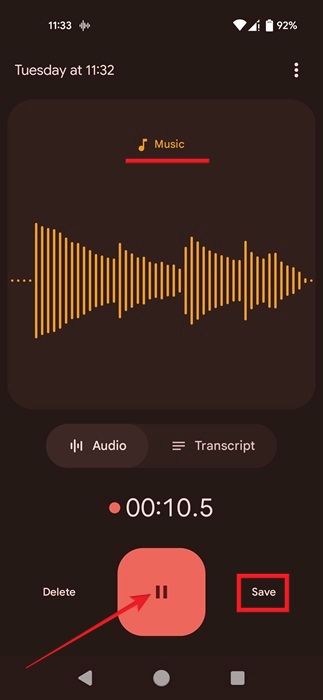 Stopping music recording in Google Recorder app.