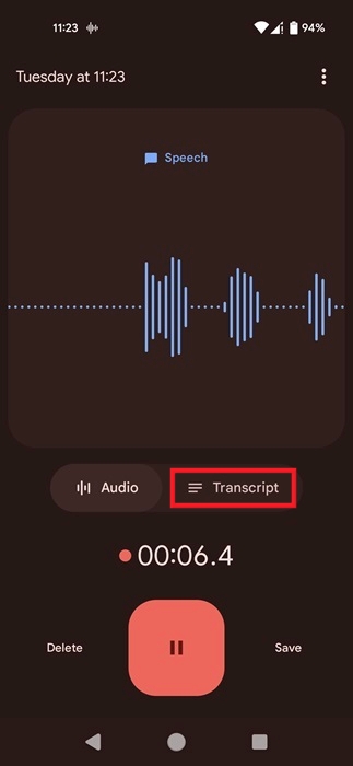 Switching to Transcript tab in Google Recorder app.
