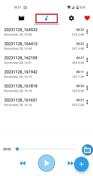 Switching to Audio tab in Internal Audio Recorder app.