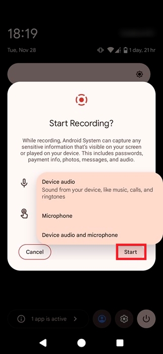 Selecting source for audio recording while using Screen Recorder on Android.