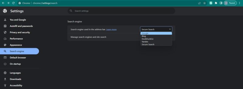 Manually changing search engine in Chrome. 