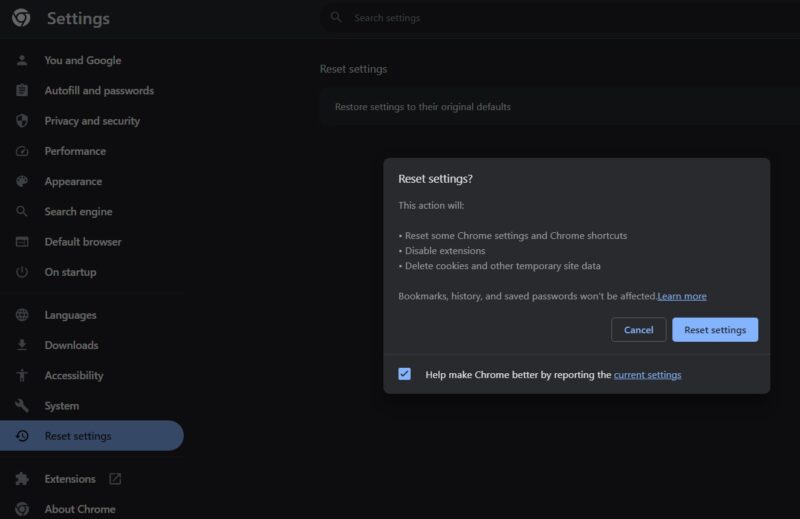 Resetting Chrome browser.