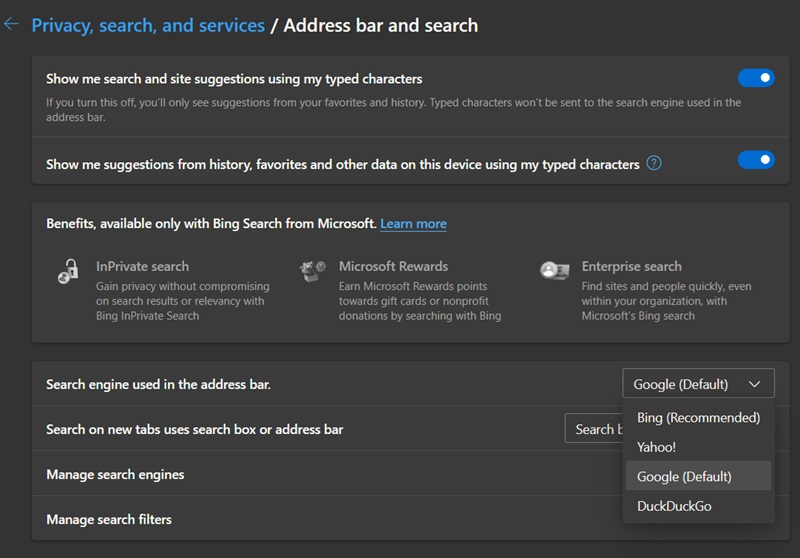 Changing search engine in Microsoft Edge. 