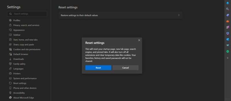 Resetting Microsoft Edge browser.