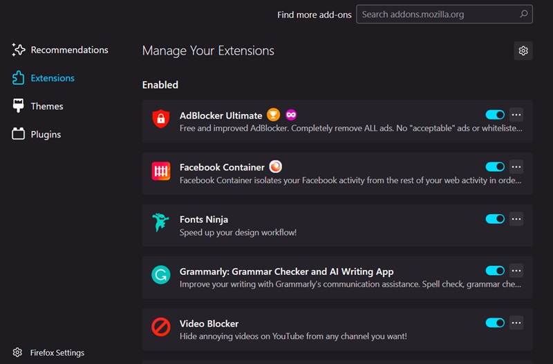 Disabling add-ons in Firefox browser.