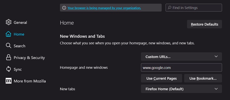 Setting new page to open as homepage in Firefox browser.