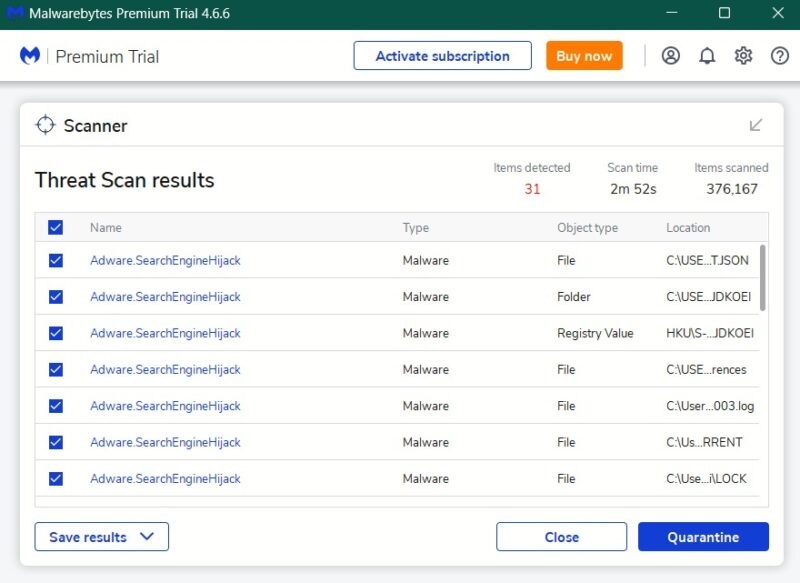 Scanning for viruses using Malwarebytes antivirus program. 