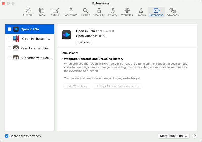Extensions installed in Safari browser view.