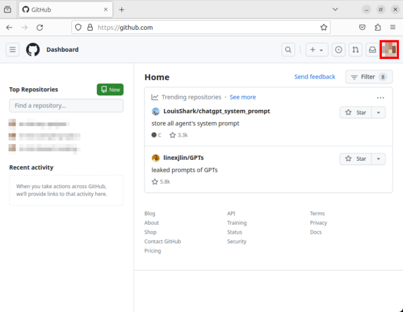 A screenshot of the default Github homepage.