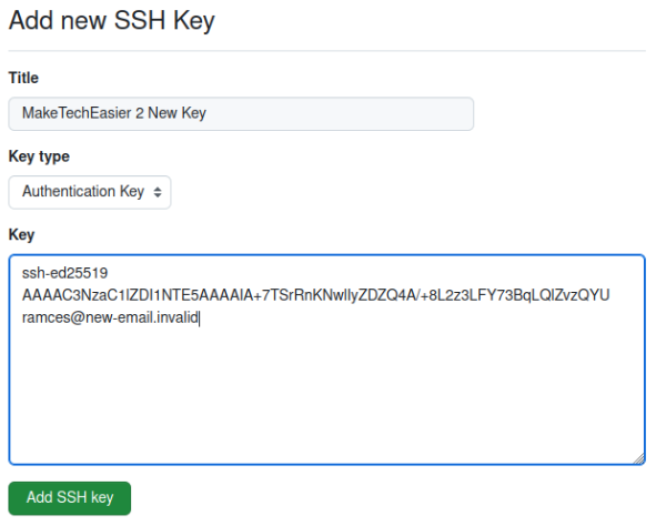 A screenshot showing the newly modified SSH key in Github.