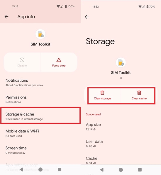 Deleting storage and cache for SIM Toolkit app on Android.