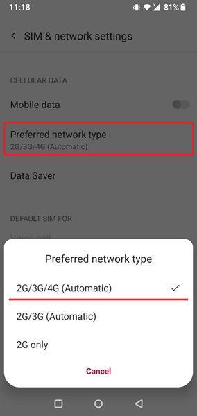Selecting a preferred network type on Android phone. 