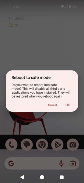 Rebooting to Safe Mode prompt on Android phone. 