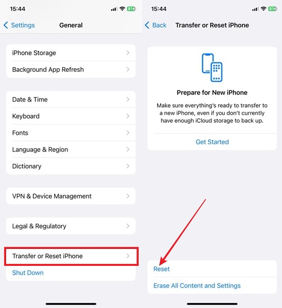 Navigating to the "Transfer or Reset iPhone" option in iOS Settings.