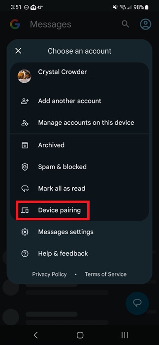 Pairing a device with Messages by Google.