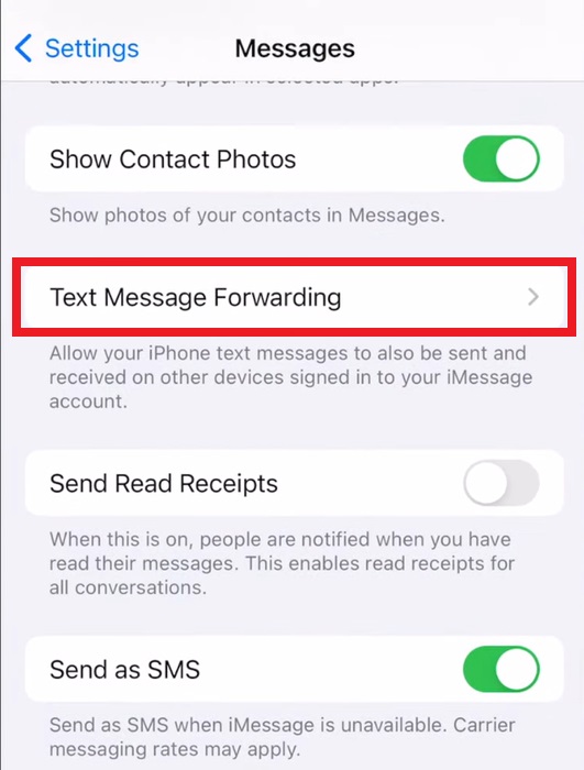 Set up text message forwarding on iPhone.