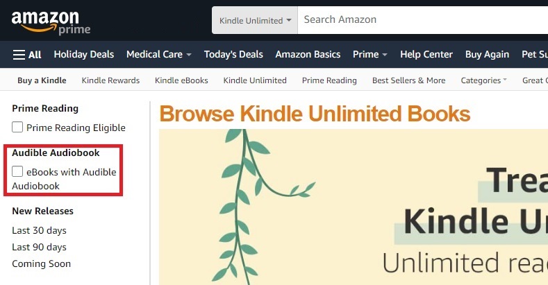 Filter ebook results by those with an Audible audiobook.