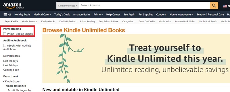 Filter ebooks by Kindle Unlimited or Prime Reading.