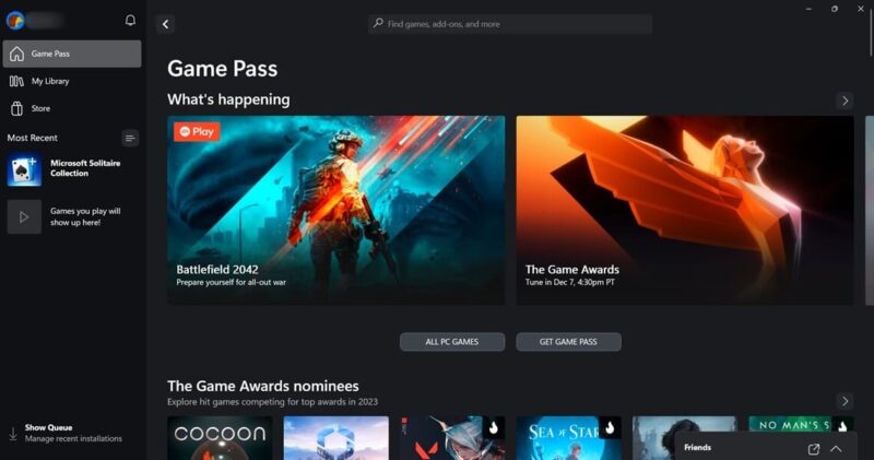 Xbox app look in Windows 11.