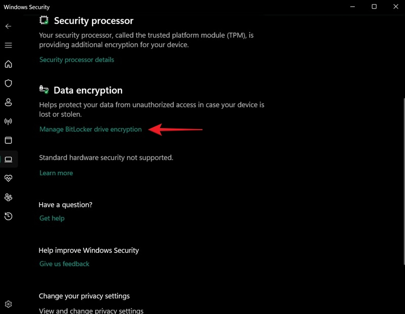 Clicking on "Manage BitLocker drive encryption" option in Windows Security.