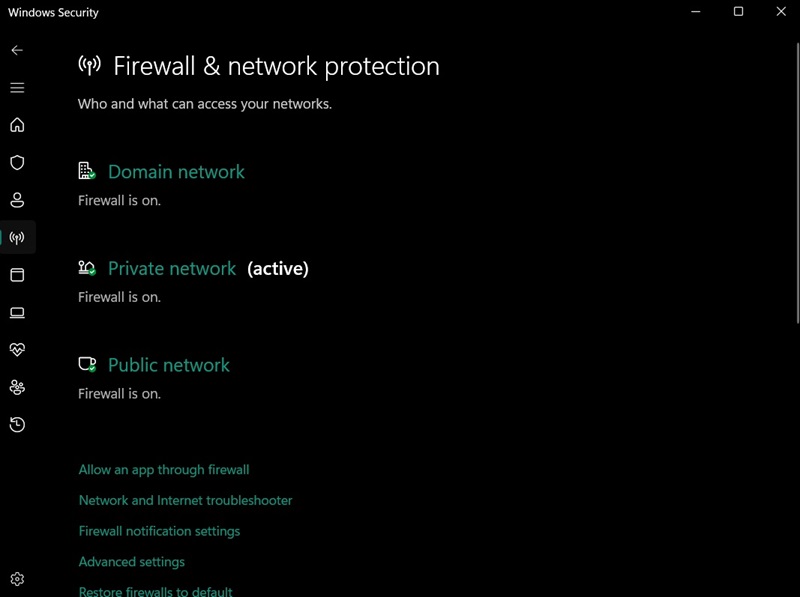 Checking "Firewall & network protection" in Windows Security app. 