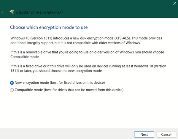 Selecting "New encryption mode" during BitLocker setup process.