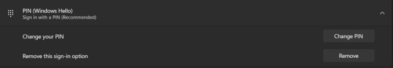 Viewing options to change or remove PIN in Windows Settings.