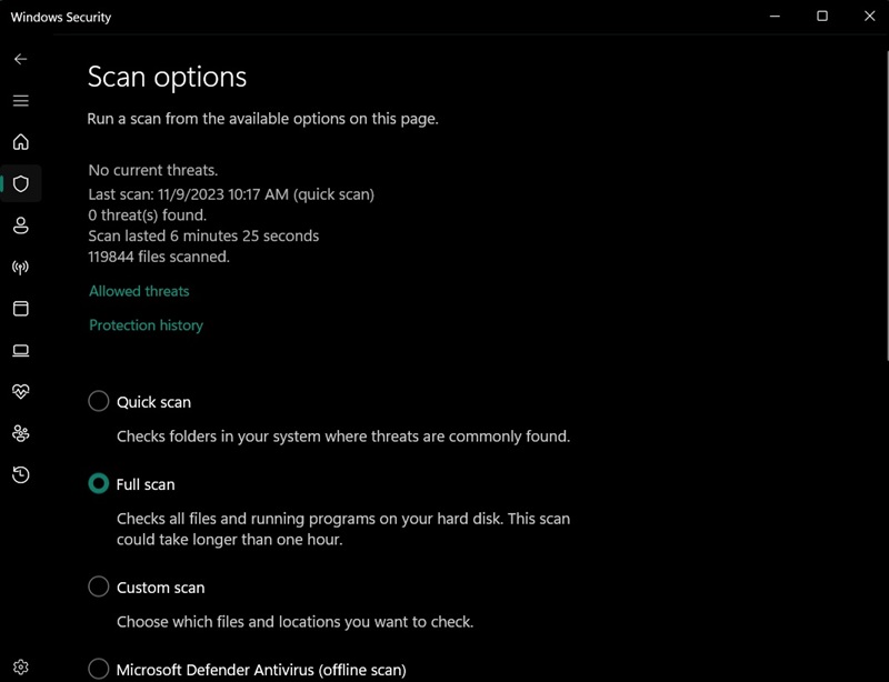 "Full scan" visible from "Scan options" in Windows Security. 