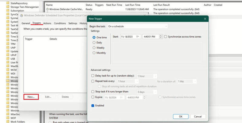 Creating a new trigger for scheduled scan in Task Scheduler.