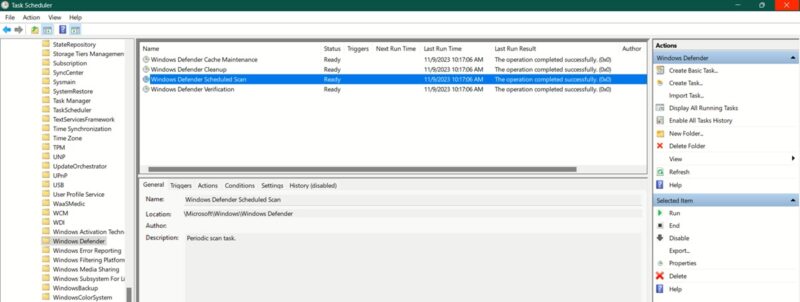 Navigating to Windows Defender Scheduled Scan in Task Scheduler.