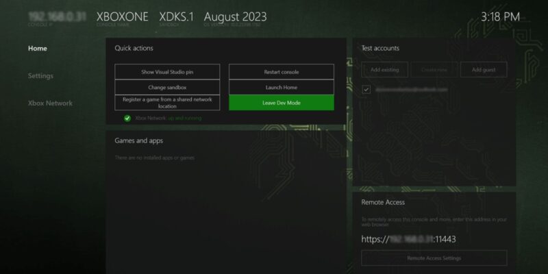 Xbox Dev Mode Homescreen