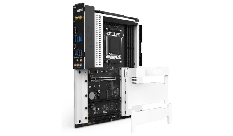 NZXT N7 B650E white motherboard exploded view