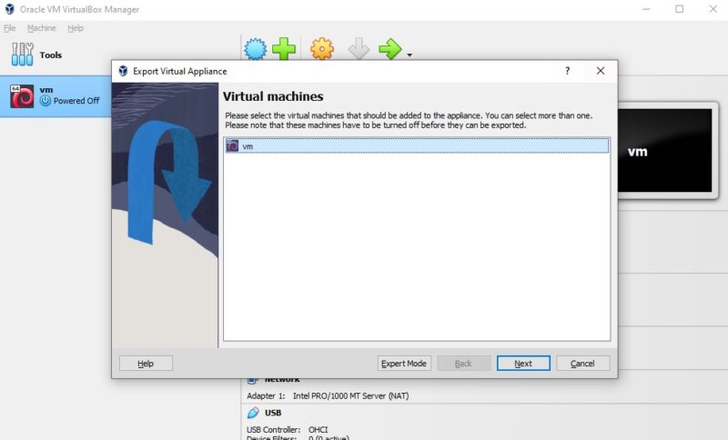 VirtualBox export virtual machine wizard