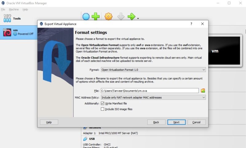 VirtualBox export virtual machine settings