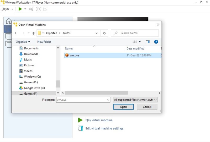 VMware import virtual machine wizard