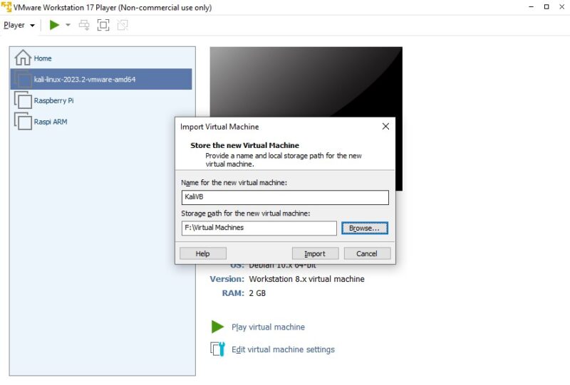 VMware import virtual machine settings