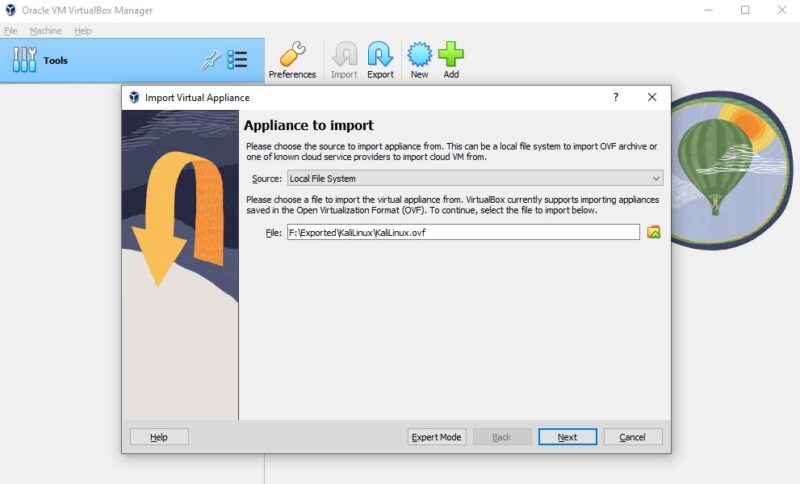 VirtualBox import virtual machine wizard