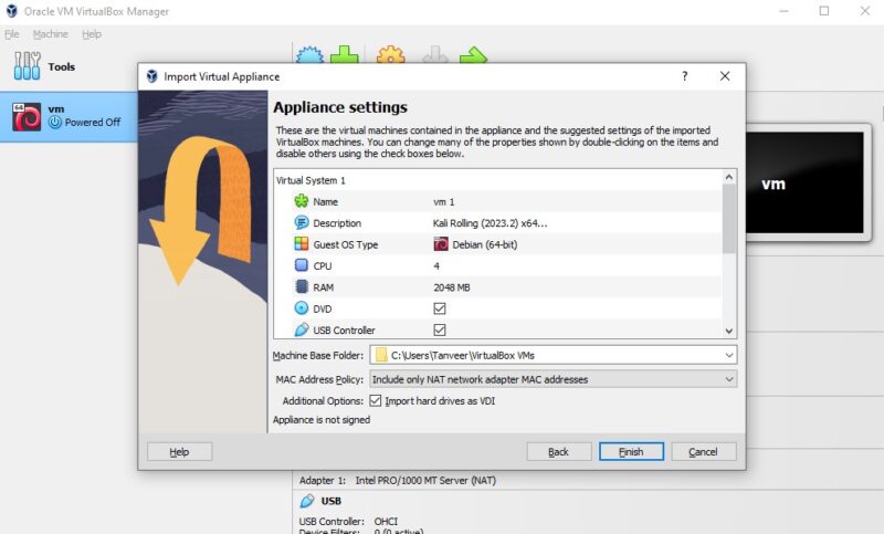 VirtualBox import virtual machine settings