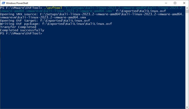 PowerShell window with export OVF command