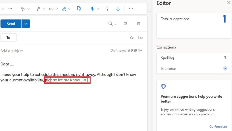 Autocomplete suggestions using Microsoft Editor in Outlook (free version).