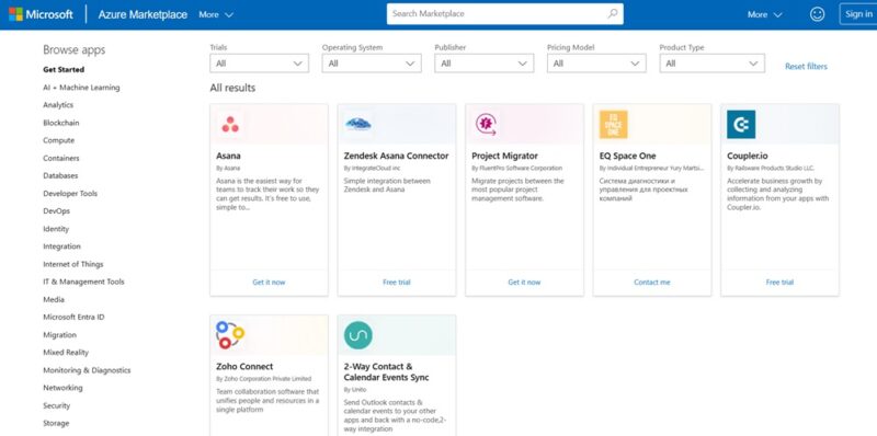 Azure Marketplace with various apps shown, such as Asana and Zoho Connect.