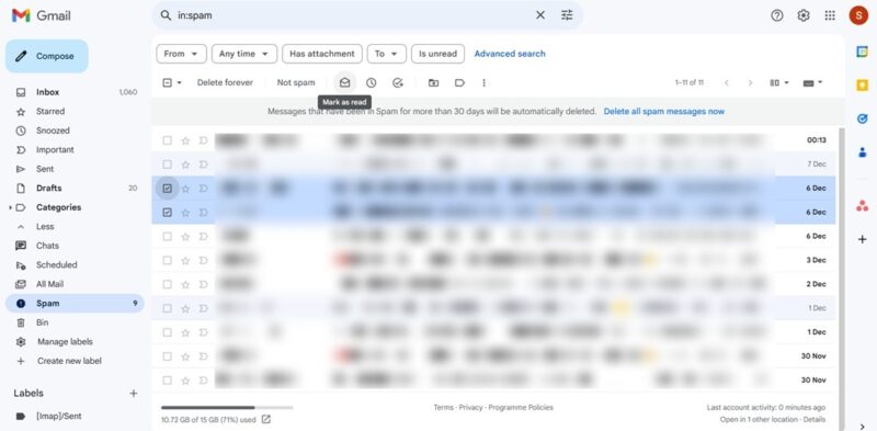 Gmail emails controlled from small icons on top.