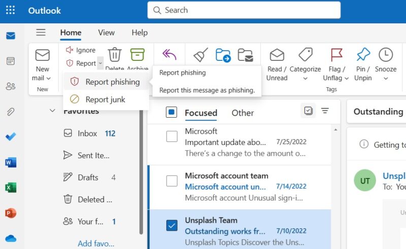 Report Phishing and Ignore in Outlook.com