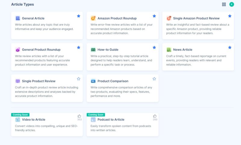 Articlegpt Article Types Overview Screen