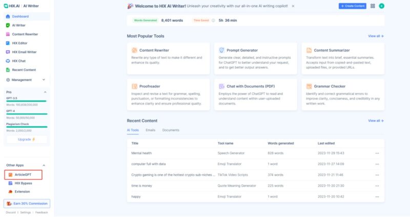 Articlegpt Dashboard With Most Popular Tools And Recent Content