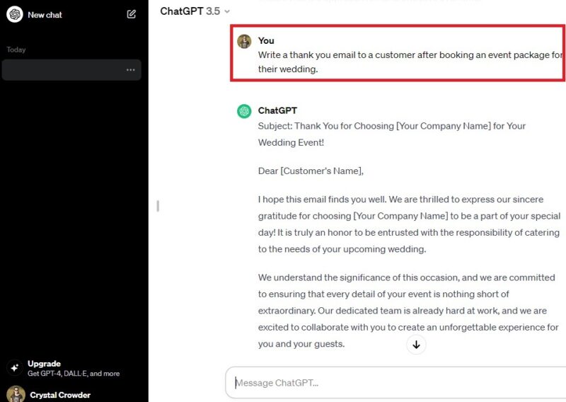 Writing an email to a wedding customer in ChatGPT.