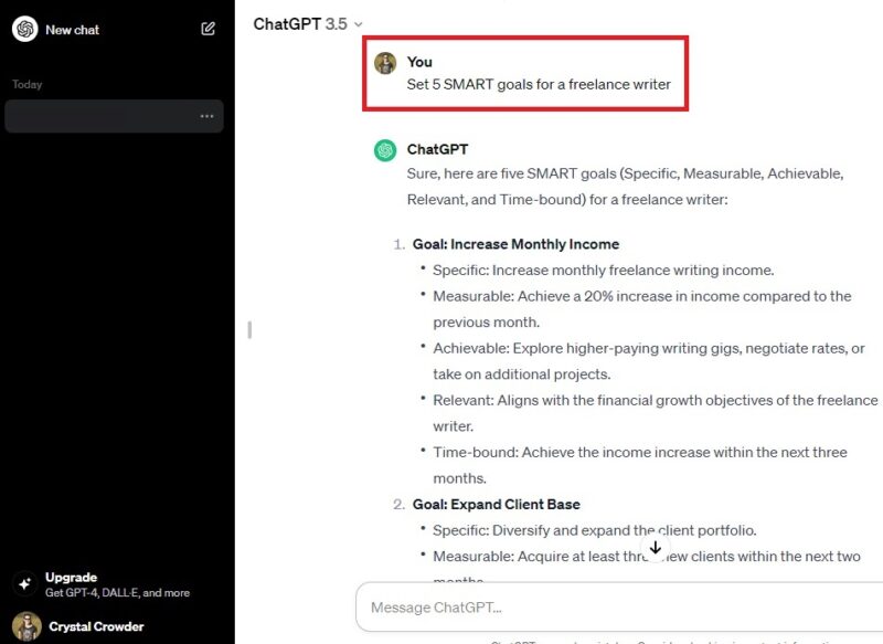 Set goals using awesome ChatGPT prompts.