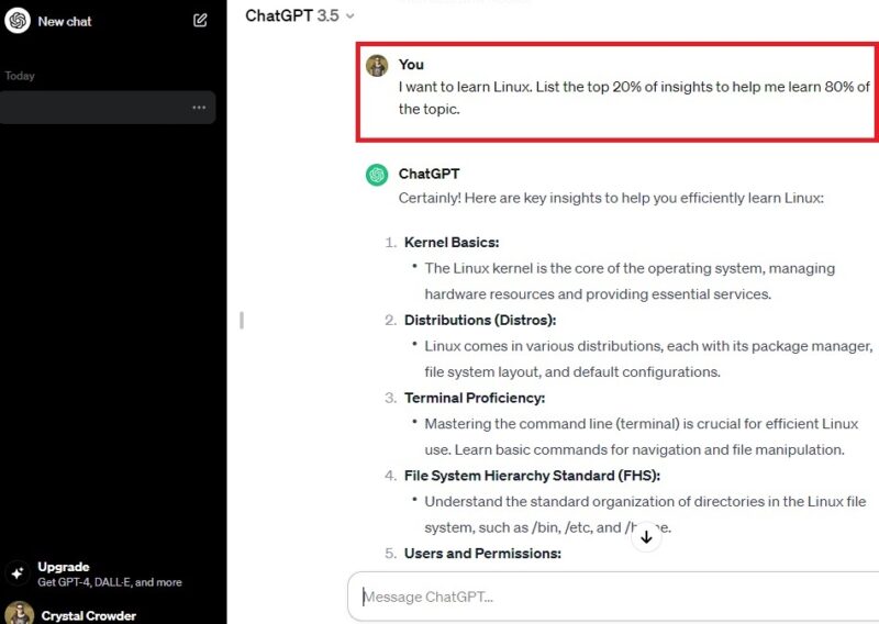 Learning more about Linux with ChatGPT prompts.