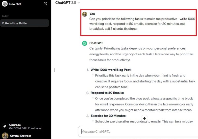 Asking ChatGPT to help you prioritize your tasks.