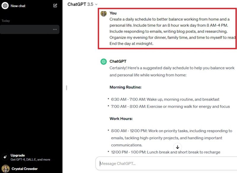Creating a schedule with ChatGPT.